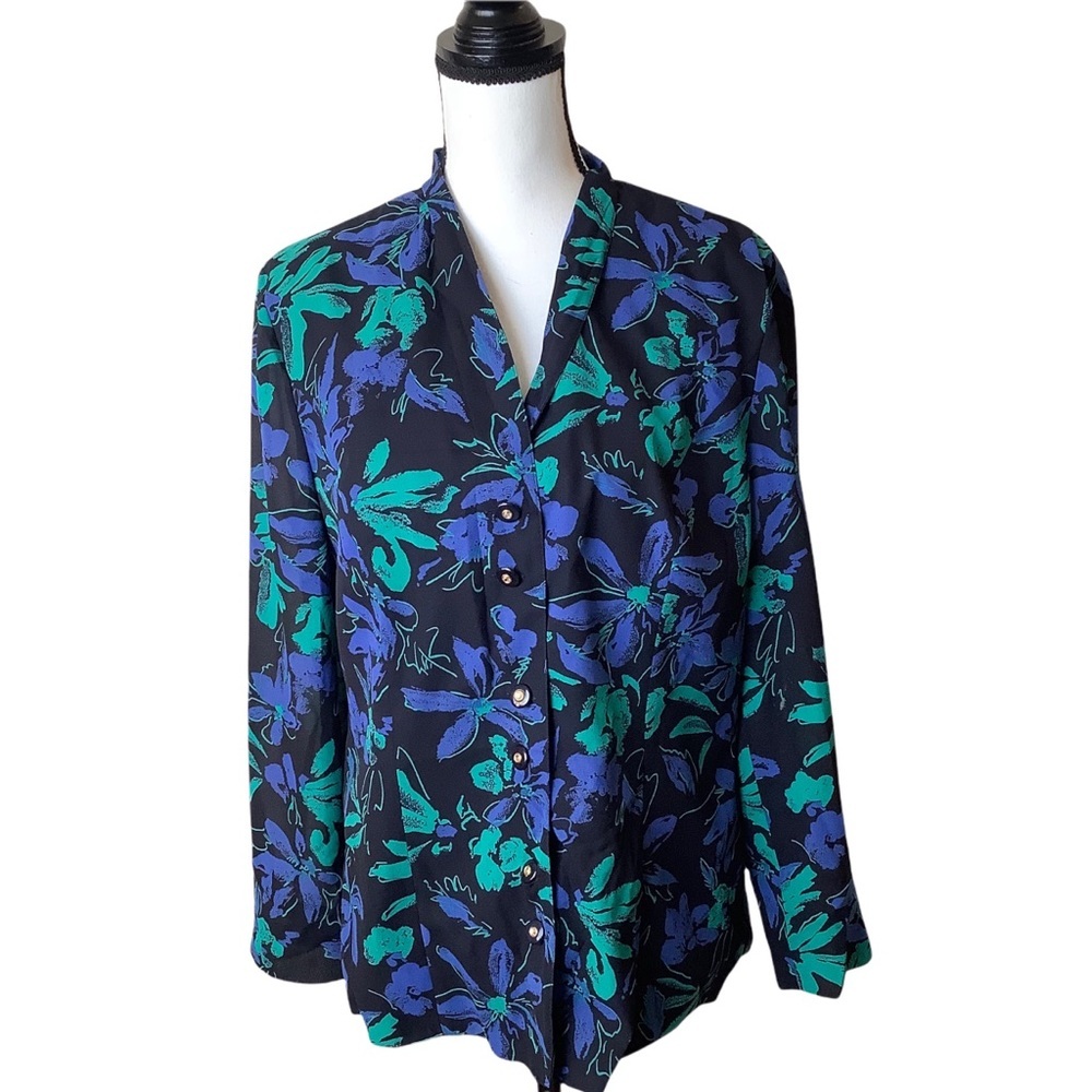Vintage 80s 90s Blue Floral Lightweight Chiffon Blazer Women’s M/L